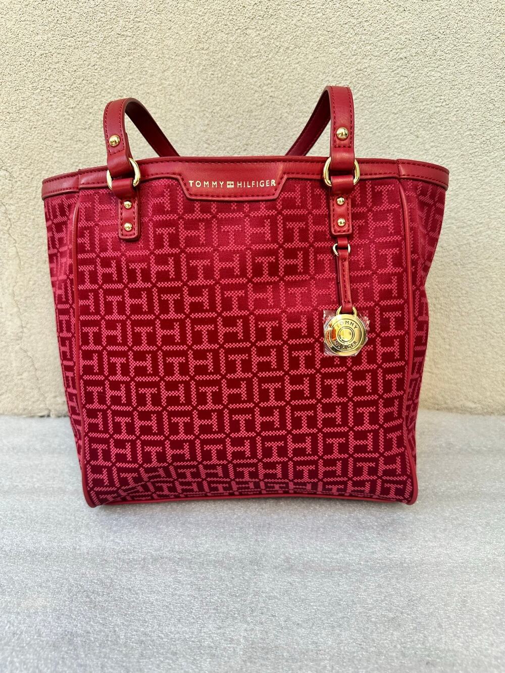 Tommy Hilfiger Red Monogram Jacquard Tote Bag Gold Logo Charm Shoulder Purse
